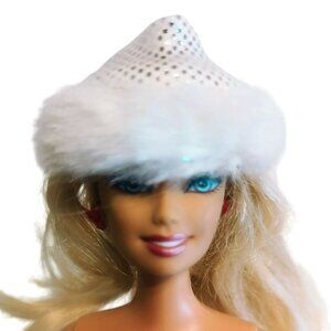 Mattel Barbie Doll Accessory White Sparkle Winter Hat With Fur Trim